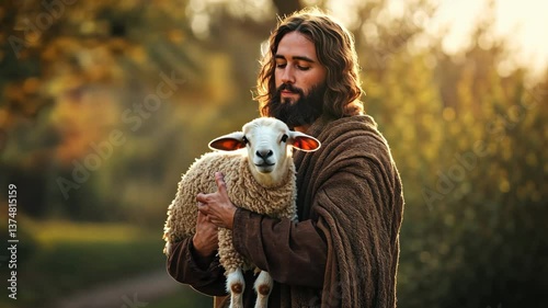 Gentle jesus in brown robes tenderly holding sheep in serene forest, sunlight filtering through trees, inspiring tranquility and faith, shepherd jesus and sheep
