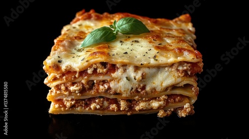 Freshly cooked lasagna on a black background. Ready to eat and high in flavor.