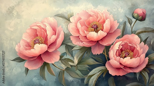 Retro-style illustration of pink peonies