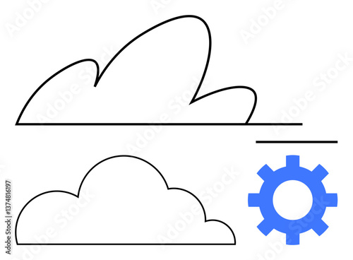 Linear and solid clouds paired with a gear icon signify cloud technology, innovation, digital transformation, software settings, IT infrastructure, data management. Ideal for cloud computing
