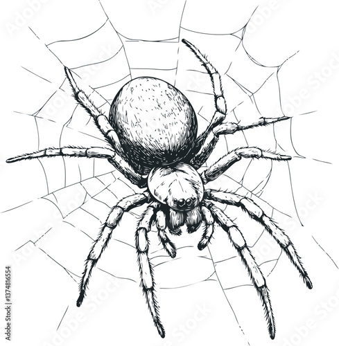 Close-up of spider on web hand-drawn in black and white illustration. Vector illustration
