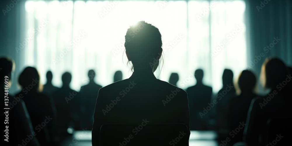 Lady in suit, front of conference room, panelists seated in background.