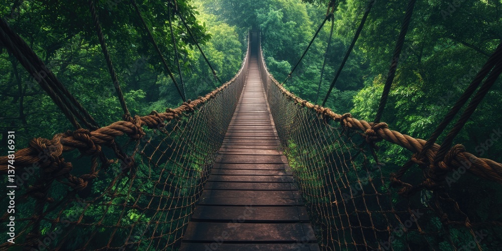 A suspension bridge in a dense jungle, with ropes and wooden planks on its deck. Part of an eco-friendly adventure for nature lovers.