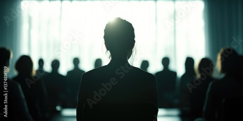 Lady in suit, front of conference room, panelists seated in background.