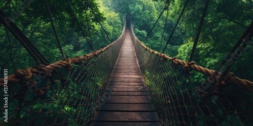 Obraz na płótnie A suspension bridge in a dense jungle, with ropes and wooden planks on its deck. Part of an eco-friendly adventure for nature lovers. w salonie