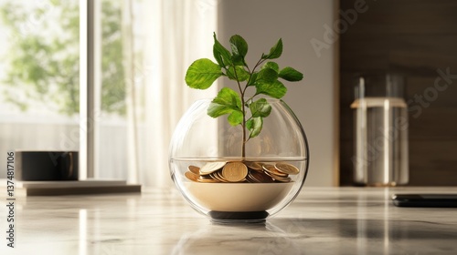 Small plant in glass orb filled with coins. Ideal for investment, sustainability, economic growth, and green finance, perfect for eco-finance projects.
