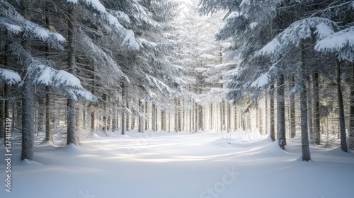 Snowy forest path bathed in sunlight. Ideal for winter, nature, backgrounds, dan travel, perfect for stock photography projects.