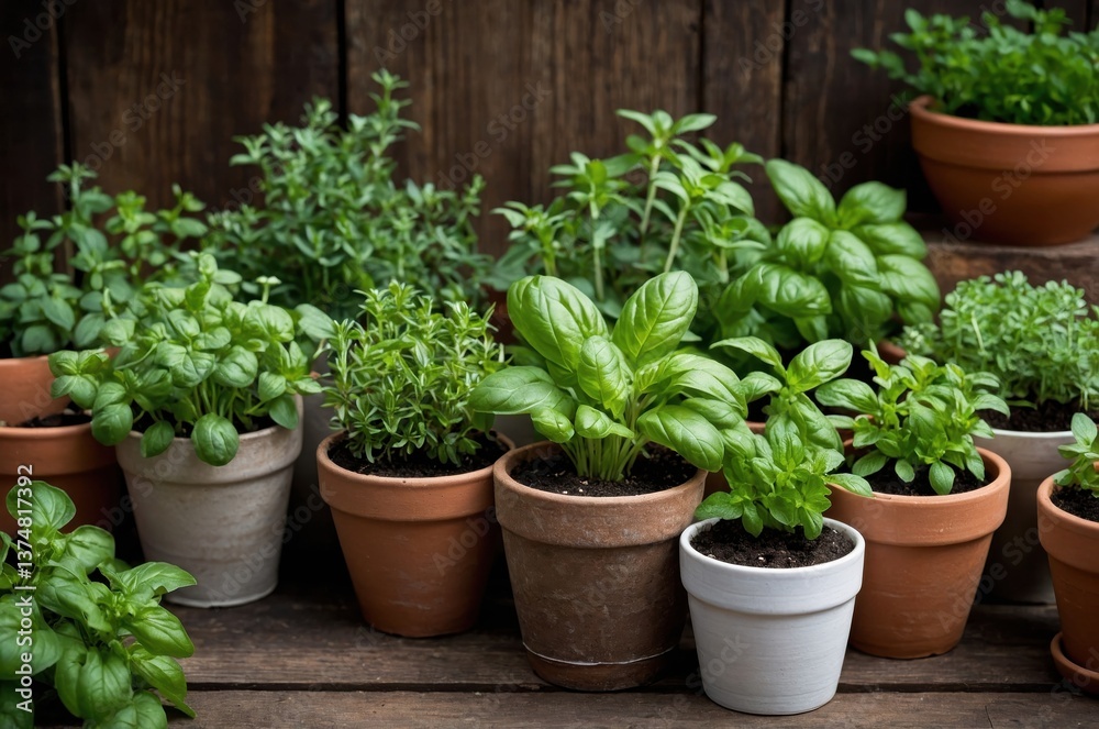 Display of various potted herbs in natural light Display of various potted herbs in natural light