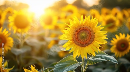 Sunflowers in a field at sunset. Golden glow. Vibrant yellows and greens. Nature's beauty. ideal for nature, floral, and summer-themed projects, perfect for botanical prints and warm aesthetic visual.