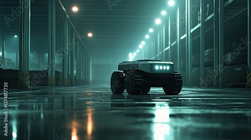 Robot moving through a warehouse at dusk