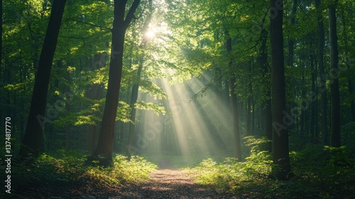 Sunlight streams through a dense forest. Sunlight penetrates a verdant woodland path. Sunlight beams through canopy of trees. Perfect setting for nature photography, environmental projects.