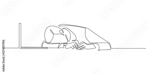 continuous line of businessman sleeping in front of laptop.single line drawing of businessman too tired with work.single line vector illustration.isolated on white background