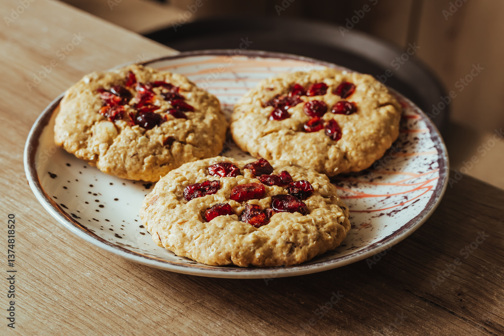 photo of three rustic red fruit cookies in Colombian coffee shop photo of three rustic red fruit cookies in Colombian coffee shop