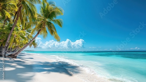 Tropical beach paradise. Lush palm trees line a pristine white sand beach, gently lapped by turquoise waves, under a vibrant blue sky. Ideal for travel promotions, vacation blogs, relaxation themes.