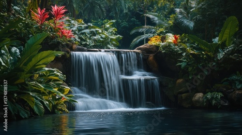Tropical waterfall cascading into a serene pool, surrounded by lush greenery. Water flows over smooth rocks, plants thrive in the humid environment. Ideal for nature wallpapers.