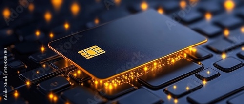 Close up shot of a golden debit card placed on top of the black keys of the keyboard