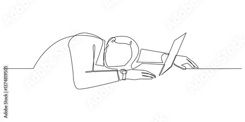 continuous line of businessman sleeping in front of laptop.single line drawing of businessman too tired with work.single line vector illustration.isolated on white background