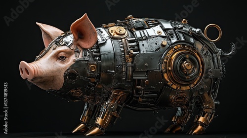 Robotic Pig: A pig featuring exposed metallic elements, blending organic and mechanical features.