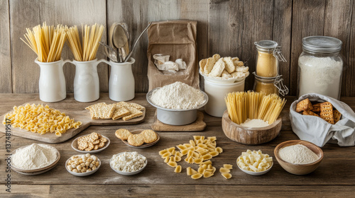 A display of gluten-free foods such as pasta, bread, snacks, and flour is arranged neatly on a wooden background
