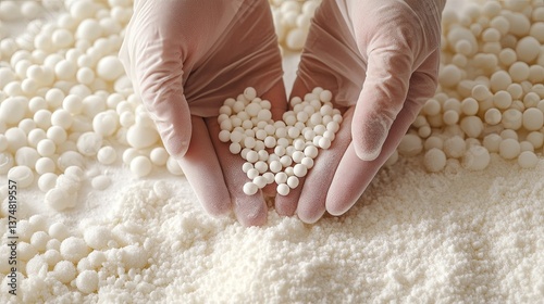 Rubber-gloved hands carefully hold small white beads above a textured white carpet scattered with larger acrylic powder granules. 