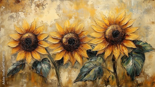 Rustic painting featuring sunflowers
