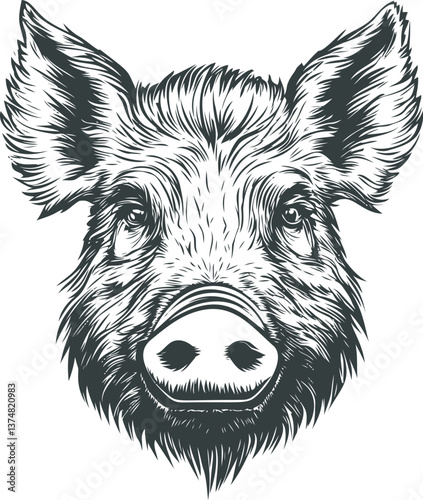 Wild boar head illustration with detailed fur and expressive eyes in black and white. Vector illustration