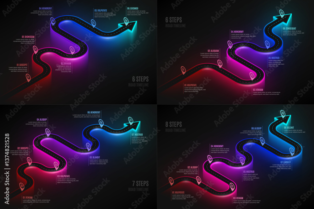 Isometric navigation map infographic 6-8 steps timeline concept. Winding road.
