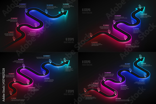 Isometric navigation map infographic 6-8 steps timeline concept. Winding road.