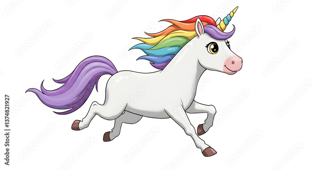 Cartoon Unicorn Running with Rainbow Mane and Purple Tail Illustration Cartoon Unicorn Running with Rainbow Mane and Purple Tail Illustration