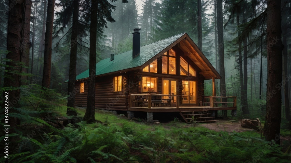 A cozy wooden cabin nestled deep in a misty forest, warm glowing windows contrasting with the cool green surroundings A cozy wooden cabin nestled deep in a misty forest, warm glowing windows contrasting with the cool green surroundings