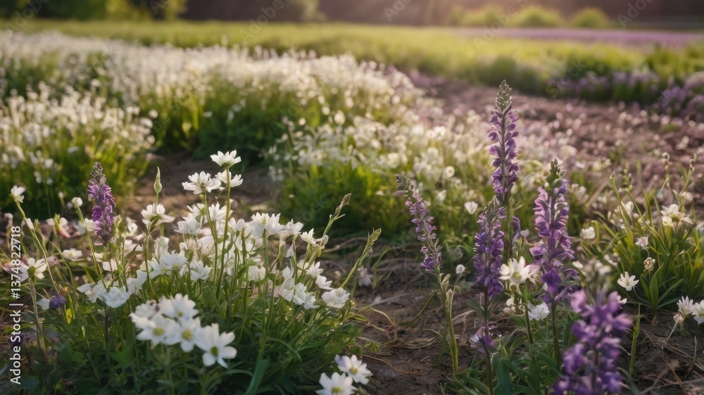Obraz premium Close-up of blooming fields with purple and white flowers, soft green stems, natural light, peaceful springtime vibe.