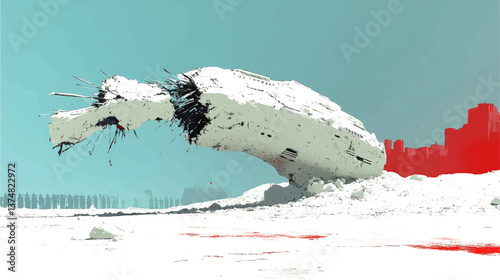 Futuristic Vector Illustration of Wrecked Spaceship Crash Site in Snowy Urban Landscape with Abstract Elements Ideal for SciFi Concept Art and Digital Wallpapers