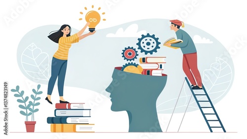 Woman and man characters putting light bulb, books and gear into human head to improve work skills. Concept of up skill, learning new skills to improve job. Flat cartoo