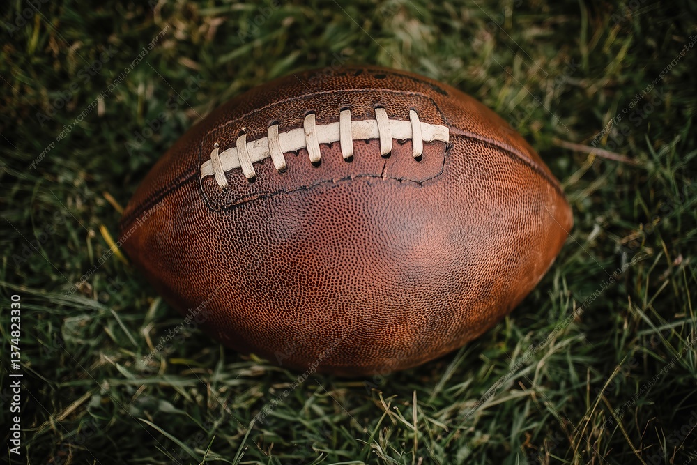 Obraz premium Close up top view of an American football on the green grass, ready for sports
