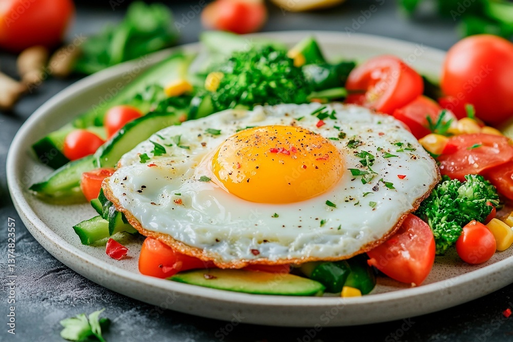 A vibrant salad made with fresh vegetables like cucumber, broccoli, and tomatoes, topped with a perfectly cooked sunny side up egg. Healthy and delicious meal option A vibrant salad made with fresh vegetables like cucumber, broccoli, and tomatoes, topped with a perfectly cooked sunny side up egg. Healthy and delicious meal option