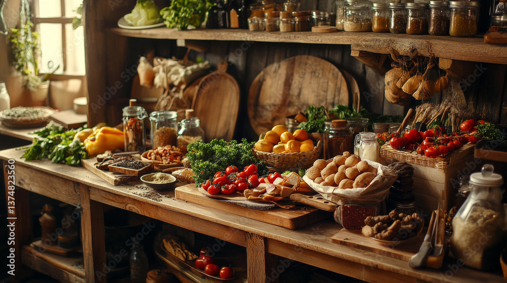 A wooden kitchen table is covered with a variety of organic food items in a rustic, healthy food display A wooden kitchen table is covered with a variety of organic food items in a rustic, healthy food display