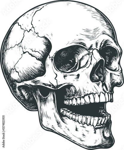 Human skull in side view with open