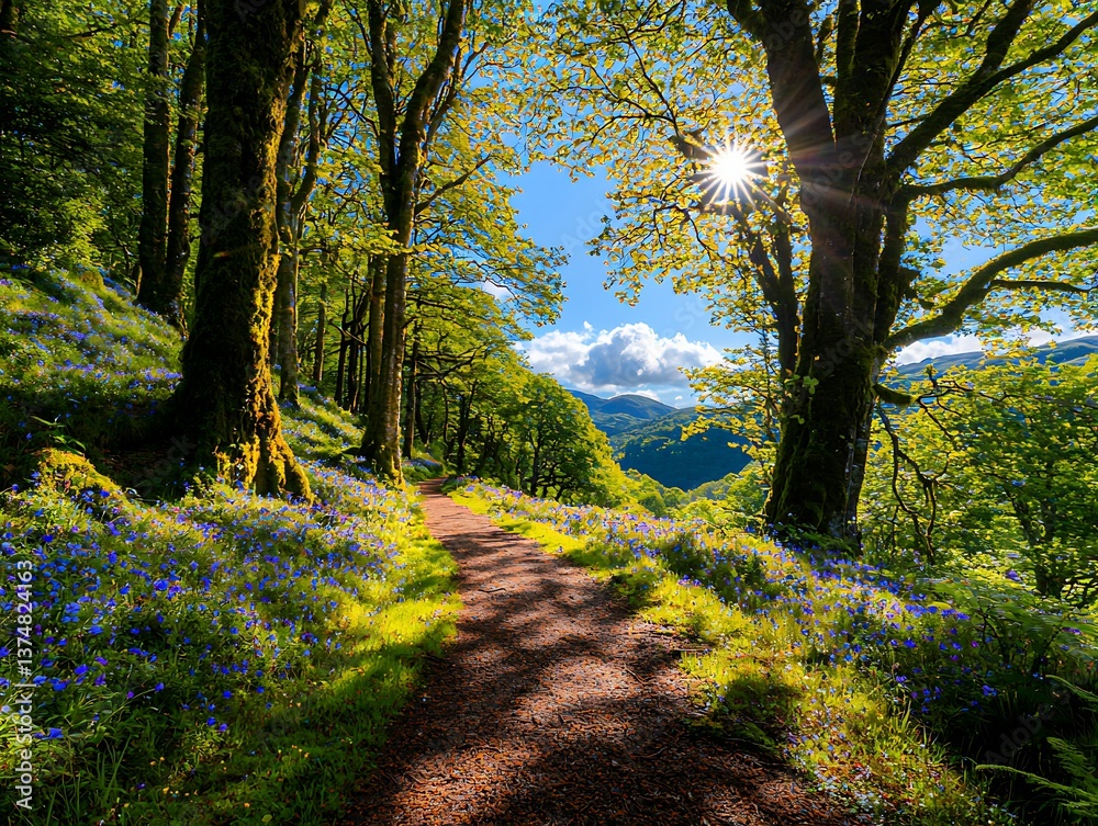 Fototapeta premium Sunlit forest path with bluebells, and hills.