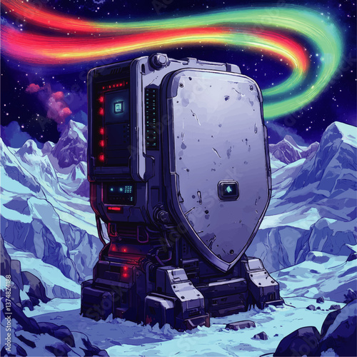 Futuristic SciFi Machine Station in Snowy Mountain Landscape under Vibrant Colorful Aurora Borealis Night Sky Digital Art Vector Illustration Design Concept