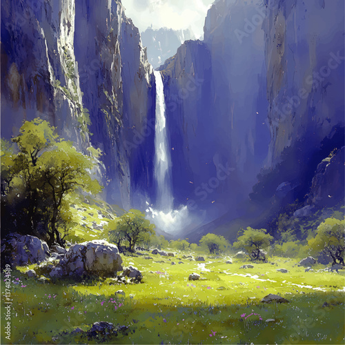 Enchanting Vector Illustration of Majestic Waterfall Cascading Down High Mountains Surrounded by Lush Green Meadows Trees Flowers and Rocky Cliffs Scenic Nature Landscape