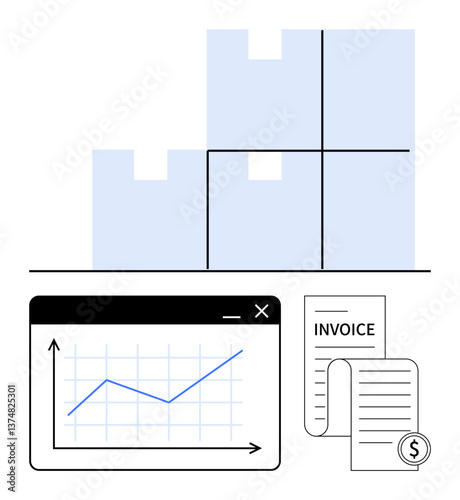 Stacked boxes, upward chart, and invoices emphasize logistics, inventory, and finance management. Ideal for optimization, growth, business, shipment trade supply chain flat simple metaphor