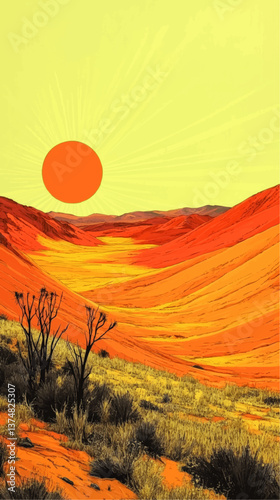 Captivating Desert Landscape Vector Illustration with Vibrant Orange Sunset Sun over Sand Dunes Colorful Scenic Nature with Dry Trees and Dramatic Sunny Sky Background