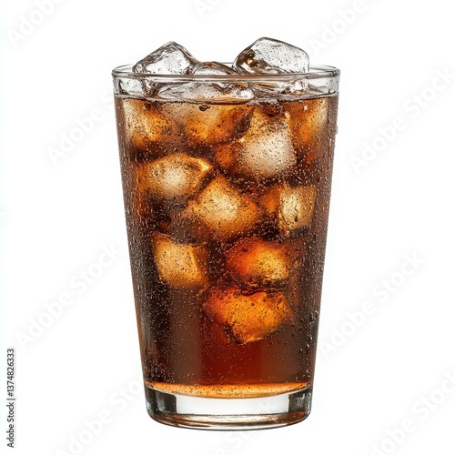 Chilled glass of cola filled with ice, perfect for a refreshing drink on a hot day.