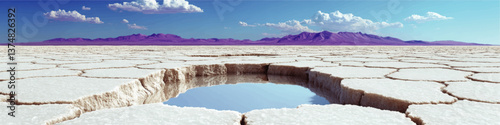 Spectacular Vector Illustration of Salt Desert Landscape With Reflective Salt Flats Water Hole and Dramatic Purple Mountains Under Blue Sky With White Clouds Panorama