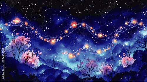 Beautiful Dreamy Night Sky Vector Illustration with Glowing Stars, Magical Constellations and Pink Flowers, Mystical Nature Landscape for Creative Designs and Backdrops