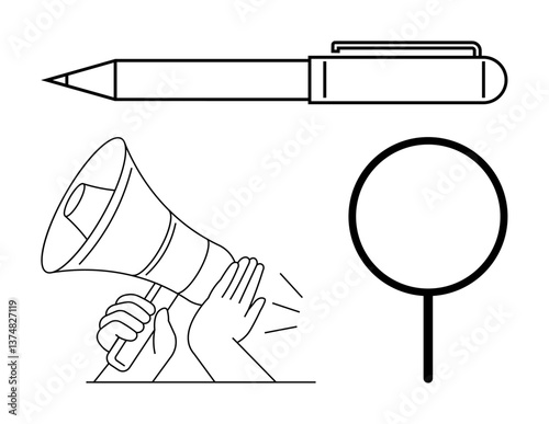 Pen for writing, a megaphone held by hands symbolizing communication, and a magnifying glass for search and discovery. Ideal for communication, education, writing, marketing, research, investigation