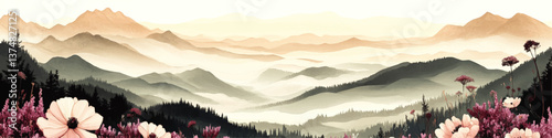 Breathtaking Panoramic Vector Landscape Illustration Featuring Serene Misty Mountains With Colorful Wildflowers Blooming Peaceful Nature Scenery for Tranquil Design Projects
