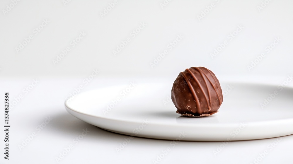 Single chocolate truffle on a white plate. the truffle is round and has a smooth texture. it is covered in a thick layer of dark chocolate and appears to be freshly made. Single chocolate truffle on a white plate. the truffle is round and has a smooth texture. it is covered in a thick layer of dark chocolate and appears to be freshly made.