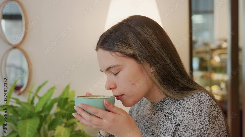 Young lady gently smelling aroma from coffee held with both hands satisfied expression indoor cozy setting soft lamp light potted plant mirror reflecting blurred people in background Young lady gently smelling aroma from coffee held with both hands satisfied expression indoor cozy setting soft lamp light potted plant mirror reflecting blurred people in background