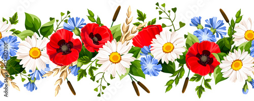 Horizontal seamless border with white daisies, red poppies, blue chicory flowers, and green grass and herbs. Vector floral garland